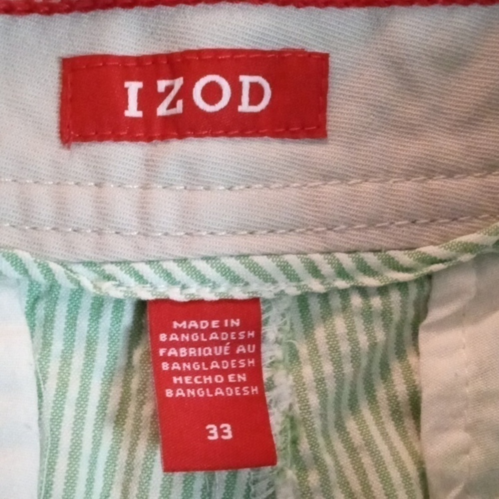 IZOD Flat Front Shorts sz 33, White & Green Strip, 100%cotton, Preowned - Picture 9 of 10
